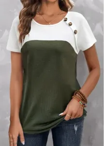 Modlily Olive Green Button Short Sleeve T Shirt - L #954949