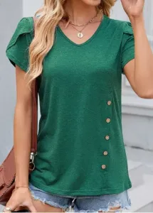 Modlily Olive Green Button Short Sleeve V Neck T Shirt - L