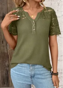 Modlily Olive Green Patchwork Short Sleeve Split Neck T Shirt - M