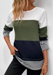 Modlily Olive Green Patchwork Striped Long Sleeve T Shirt - M