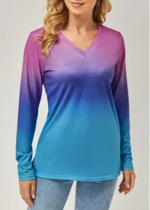 Modlily Ombre Long Sleeve V Neck T Shirt - S #164902