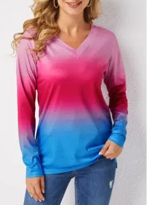 Modlily Ombre Long Sleeve V Neck T Shirt - S #164931