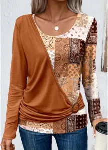 Modlily Orange Asymmetry Patchwork Long Sleeve T Shirt - XL