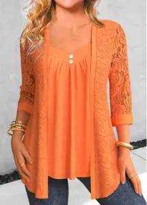 Modlily Orange Lace Three Quarter Length Sleeve T Shirt - L