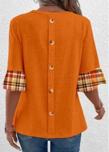 Modlily Orange Patchwork Plaid Long Sleeve T Shirt - M #1089329