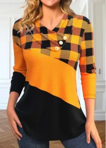 Modlily Orange Patchwork Plaid Long Sleeve T Shirt - M #1104882