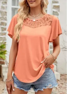 Modlily Orange Patchwork Short Sleeve Round Neck T Shirt - L