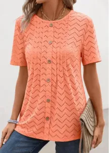 Modlily Orange Tuck Stitch Short Sleeve Round Neck T Shirt - L