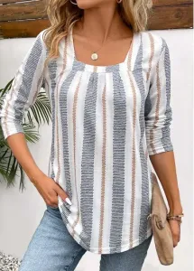 Modlily Patchwork Striped Long Sleeve Square Neck T Shirt - L