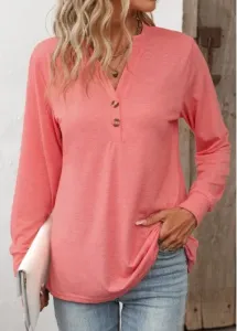 Modlily Peach Red Button Long Sleeve T Shirt - L