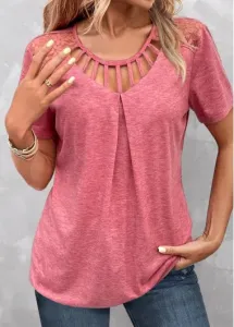 Modlily Peach Red Cage Neck Short Sleeve T Shirt - L