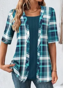Modlily Peacock Blue Fake 2in1 Plaid T Shirt - S
