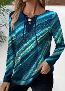 Modlily Peacock Blue Lace Up Ombre Long Sleeve T Shirt - XXL