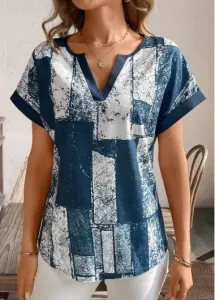 Modlily Peacock Blue Split Geometric Print Short Sleeve T Shirt - M