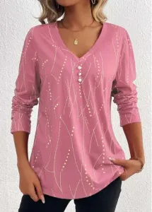 Modlily Pink Button Geometric Print Long Sleeve T Shirt - M #1232142
