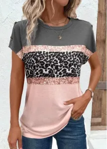 Modlily Pink Button Leopard Short Sleeve Round Neck T Shirt - M