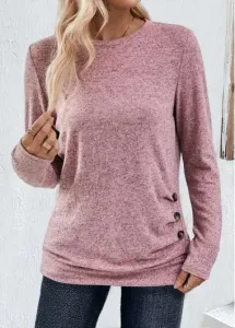 Modlily Pink Button Long Sleeve Round Neck T Shirt - XXL