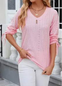 Modlily Pink Button Long Sleeve V Neck T Shirt - L