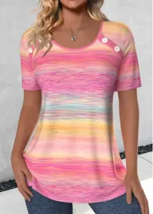 Modlily Pink Button Ombre Short Sleeve Round Neck T Shirt - M