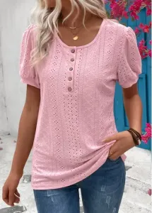 Modlily Pink Button Short Sleeve Round Neck T Shirt - L