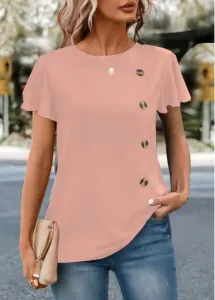 Modlily Pink Button Short Sleeve Round Neck T Shirt - S