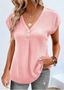 Modlily Pink Button Short Sleeve V Neck T Shirt - M