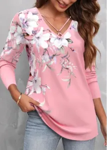 Modlily Pink Circular Ring Floral Print T Shirt - L #1181420