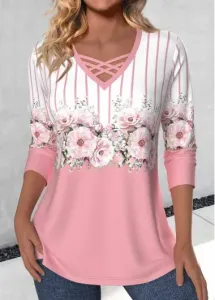 Modlily Pink Criss Cross Floral Print Long Sleeve T Shirt - L
