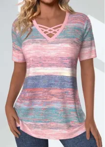 Modlily Pink Criss Cross Striped Short Sleeve T Shirt - XXL