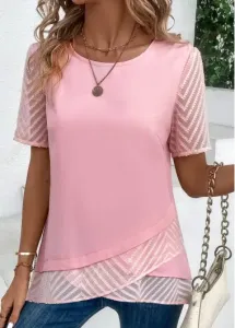 Modlily Women Pink T Shirt Cross Hem Mesh Short Sleeve Round Neck Shirt - L