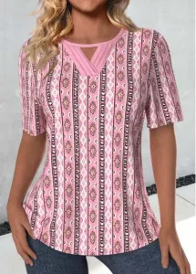 Modlily Pink Cut Out Tribal Print Short Sleeve T Shirt - XXL