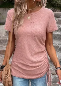 Modlily Pink Drawstring Short Sleeve Round Neck T Shirt - L