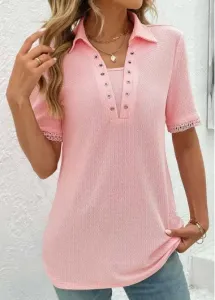 Modlily Pink Eyelet Short Sleeve T Shirt - XXL