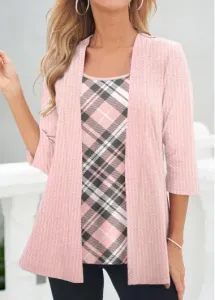 Modlily Women Pink Casual Tops Fake 2In1 Plaid Pink Mid Sleeve T Shirt - L