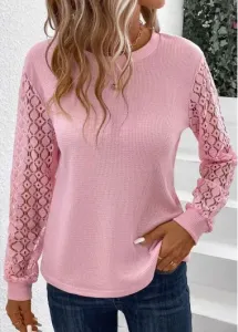 Modlily Pink Lace Long Sleeve Round Neck T Shirt - 3XL