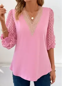 Modlily Pink Lace Long Sleeve V Neck T Shirt - M