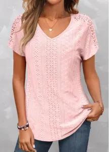 Modlily Pink Lace Short Sleeve V Neck T Shirt - M