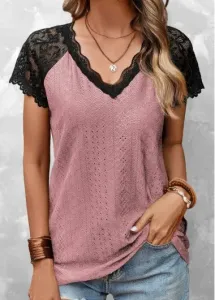 Modlily Pink Lace Short Sleeve V Neck T Shirt - XL