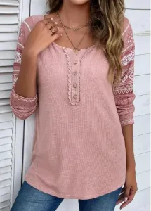 Modlily Pink Lace Tribal Print Long Sleeve T Shirt - L
