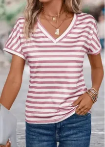 Modlily Pink Lightweight Striped Short Sleeve T Shirt - L