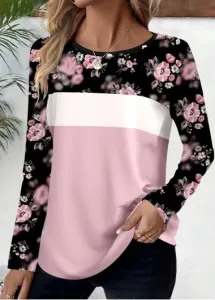 Modlily Pink Patchwork Ditsy Floral Print Long Sleeve T Shirt - XL