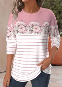 Modlily Pink Patchwork Floral Print Long Sleeve T Shirt - M