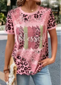 Modlily Pink Patchwork Leopard Short Sleeve T Shirt - L