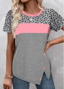 Modlily Pink Patchwork Leopard Short Sleeve T Shirt - XXL