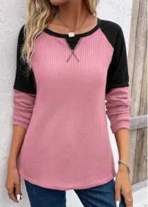 Modlily Pink Patchwork Long Sleeve Round Neck T Shirt - 2XL