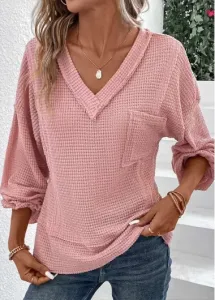 Modlily Pink Patchwork Long Sleeve V Neck T Shirt - M #1095258