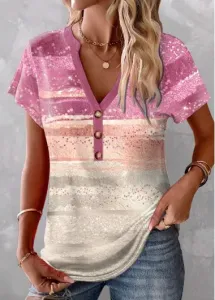 Modlily Pink Patchwork Ombre Short Sleeve V Neck T Shirt - M