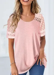 Modlily Pink Patchwork Short Sleeve Round Neck T Shirt - L #865970