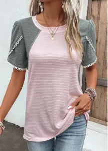 Modlily Pink Patchwork Short Sleeve Round Neck T Shirt - L #977833