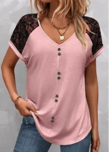 Modlily Pink Patchwork Short Sleeve V Neck T Shirt - L